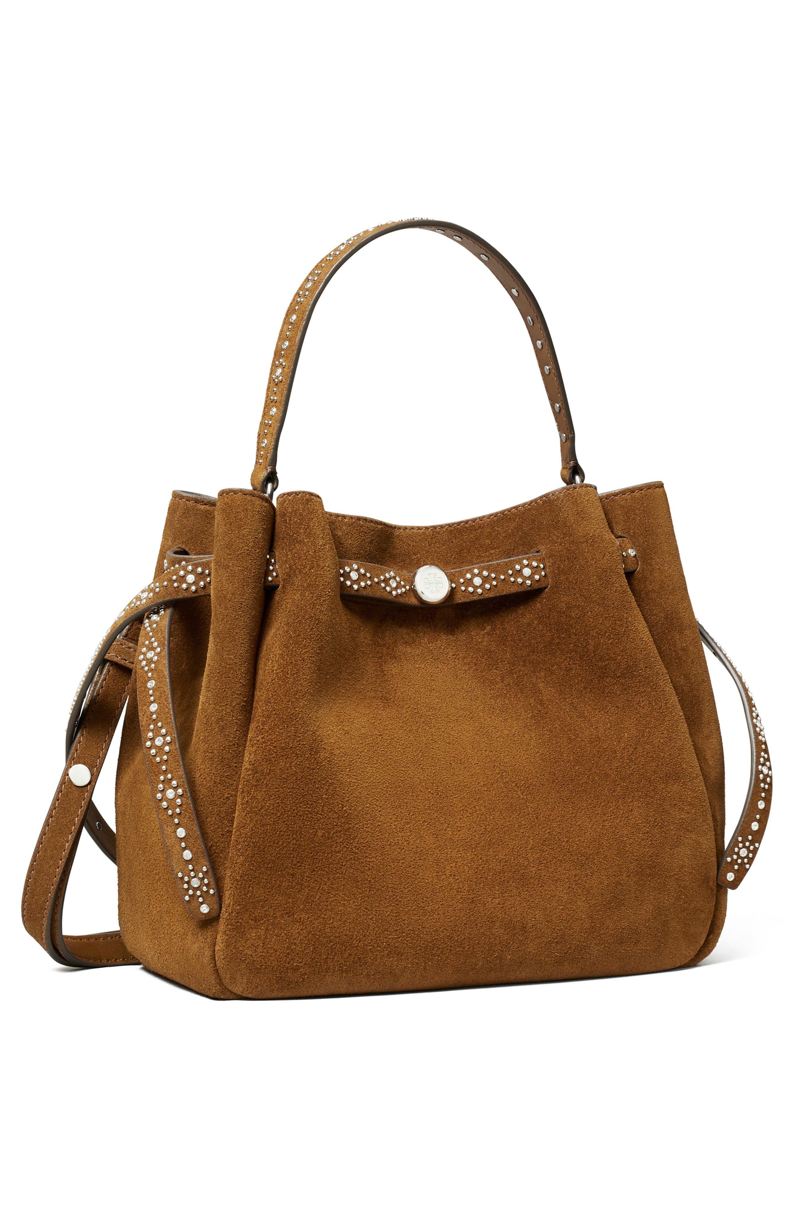 Romy Studded Leather Bucket Bag, Alternate, color, CARAMEL