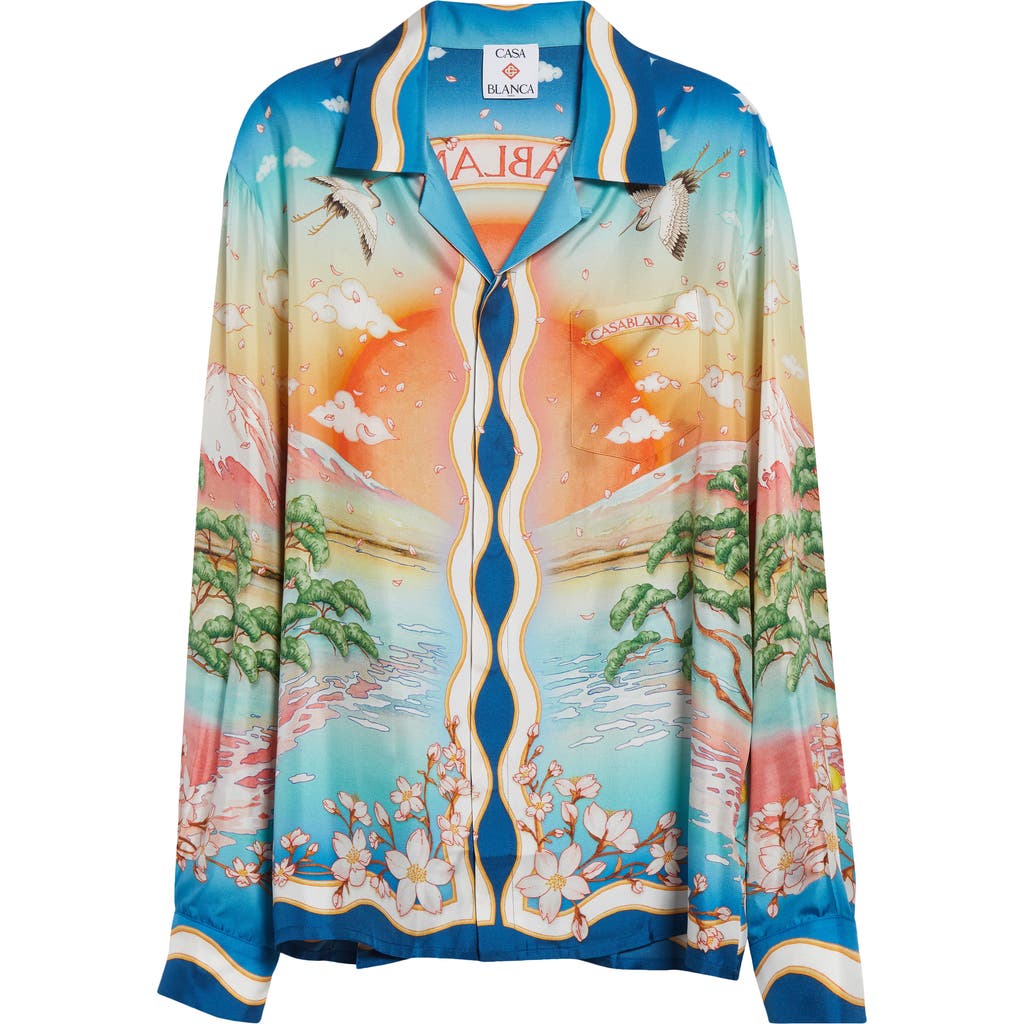 Casablanca Tennis Club Convertible-collar Printed Silk-twill Shirt In Blue