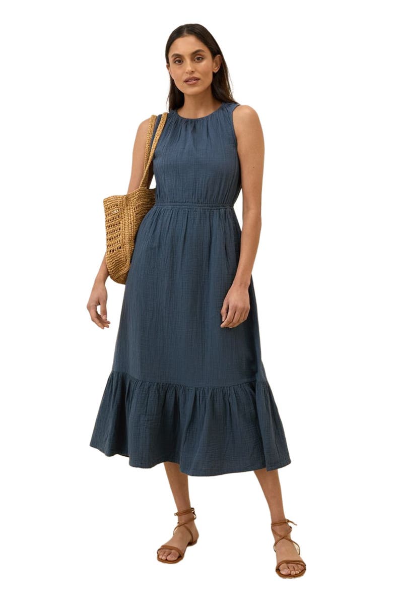 Pact Organic Cotton Coastal Double Gauze Tiered Midi Dress, Main, color, French Navy