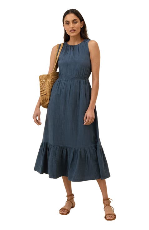 Organic Cotton Coastal Double Gauze Tiered Midi Dress