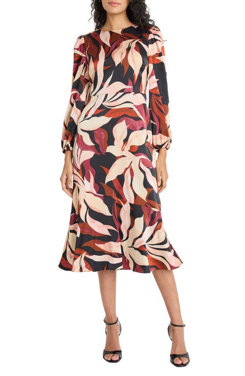 Floral Long Sleeve Flounce Hem Midi Dress