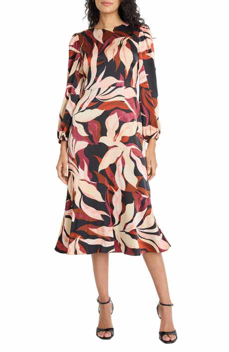 Maggy London Floral Long Sleeve Flounce Hem Midi Dress