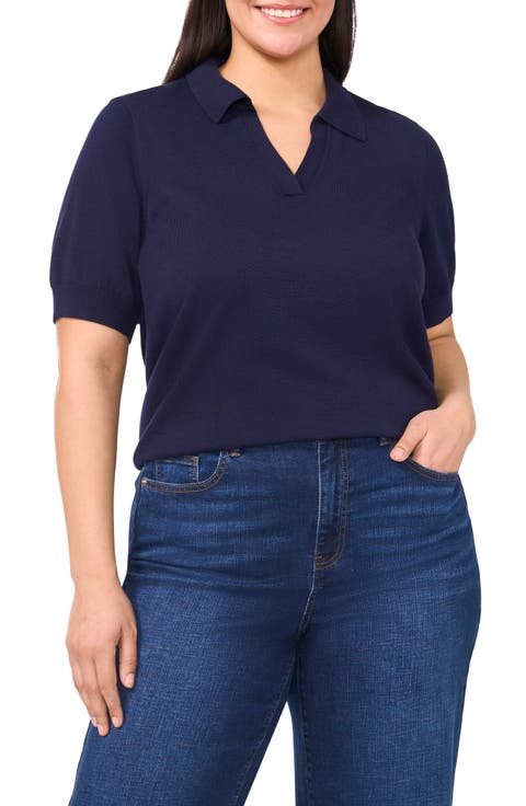 Short Sleeve Cotton Blend Polo Sweater (Plus)