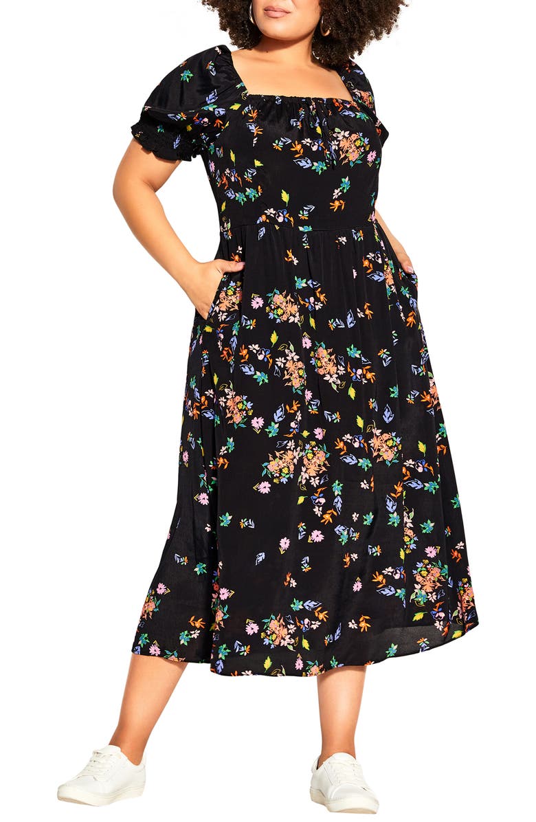 City Chic Windswept Floral Square Neck Dress, Main, color, Black Windswept