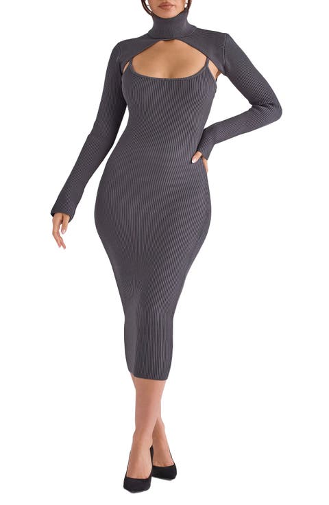 Meliora Long Sleeve Ribbed Body-Con Dress with Bolero