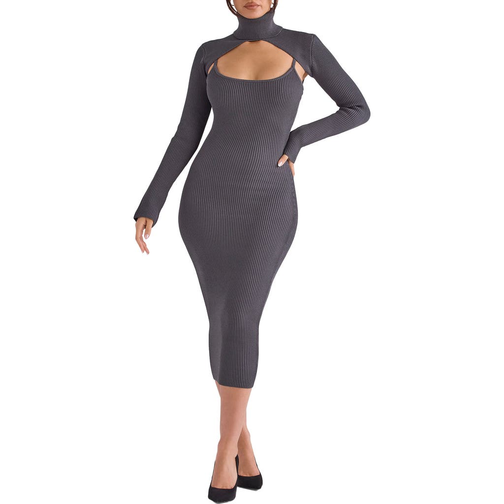 HOUSE OF CB Meliora Long Sleeve Ribbed Body-Con Dress with Bolero in Charcoal at Nordstrom, Size Small