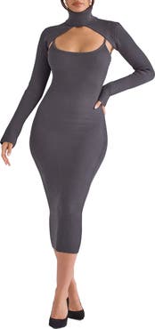 HOUSE OF CB Meliora Long Sleeve Ribbed Body-Con Dress with Bolero