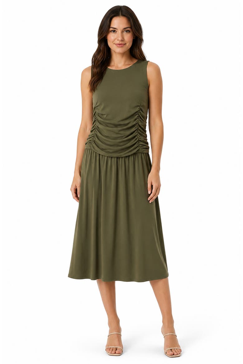 Ruched Sleeveless Drop Waist Midi Dress, Alternate, color, KALAMATA