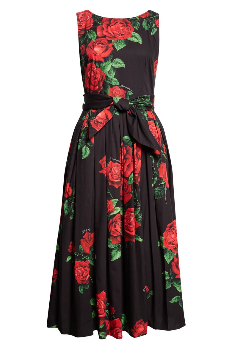 Rose Print Cotton Poplin Midi Dress, Alternate, color, ROSE ROSSE F.NERO