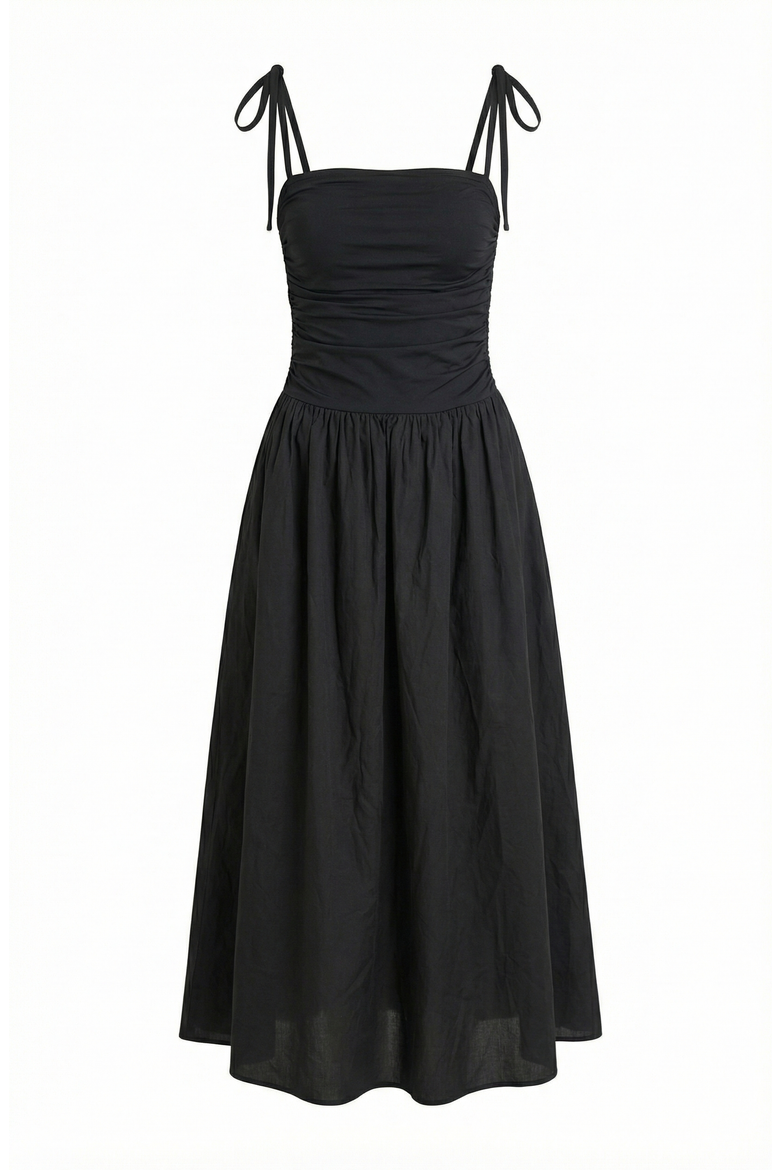 Ruched Bodice Tie Strap Gathered Skirt Midi Dress, Alternate, color, Black