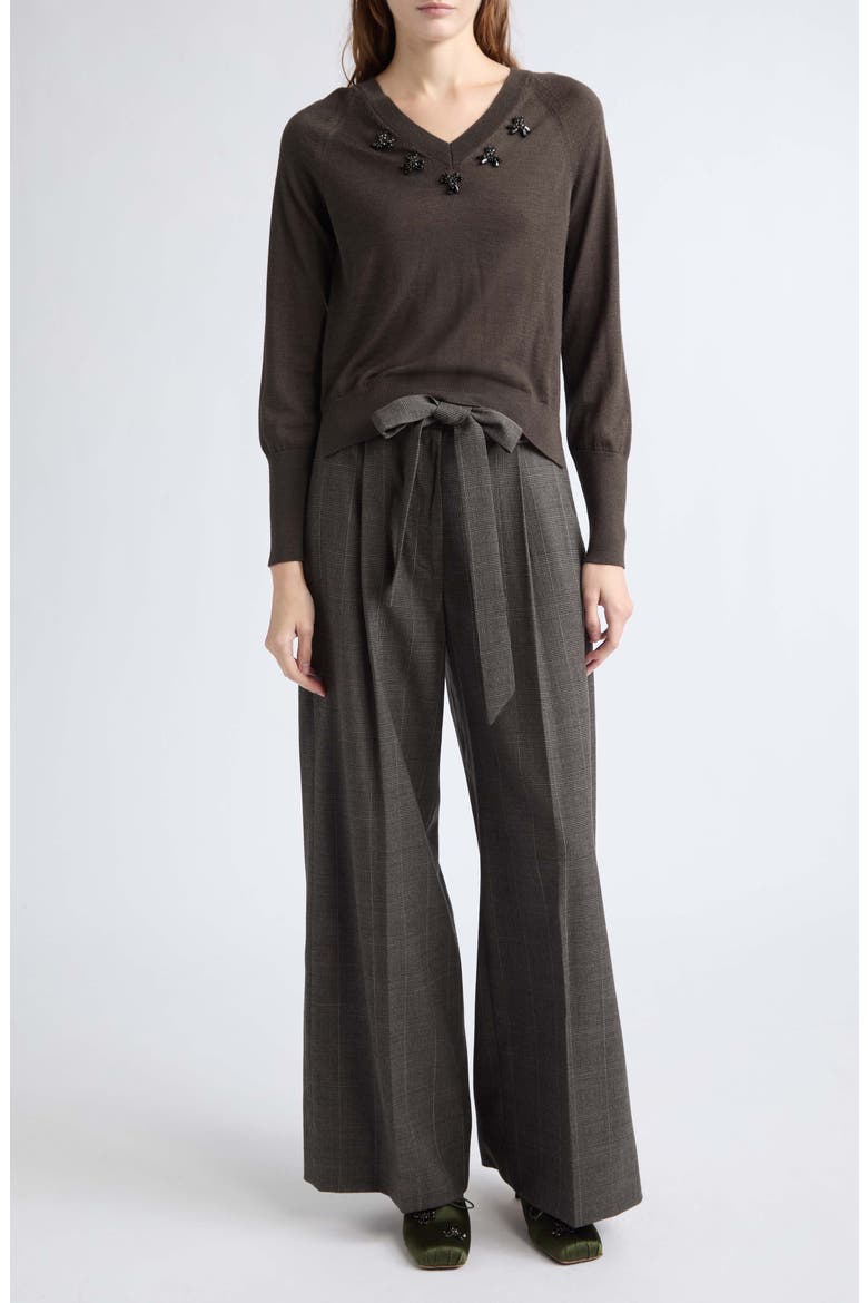 Pleated Wide Leg Stretch Virgin Wool Sash Trousers, Alternate, color, PEAT