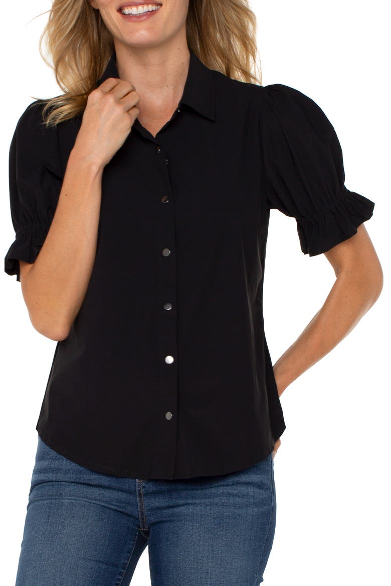 Puff Sleeve Knit Snap-Up Shirt, Alternate, color, BLACK