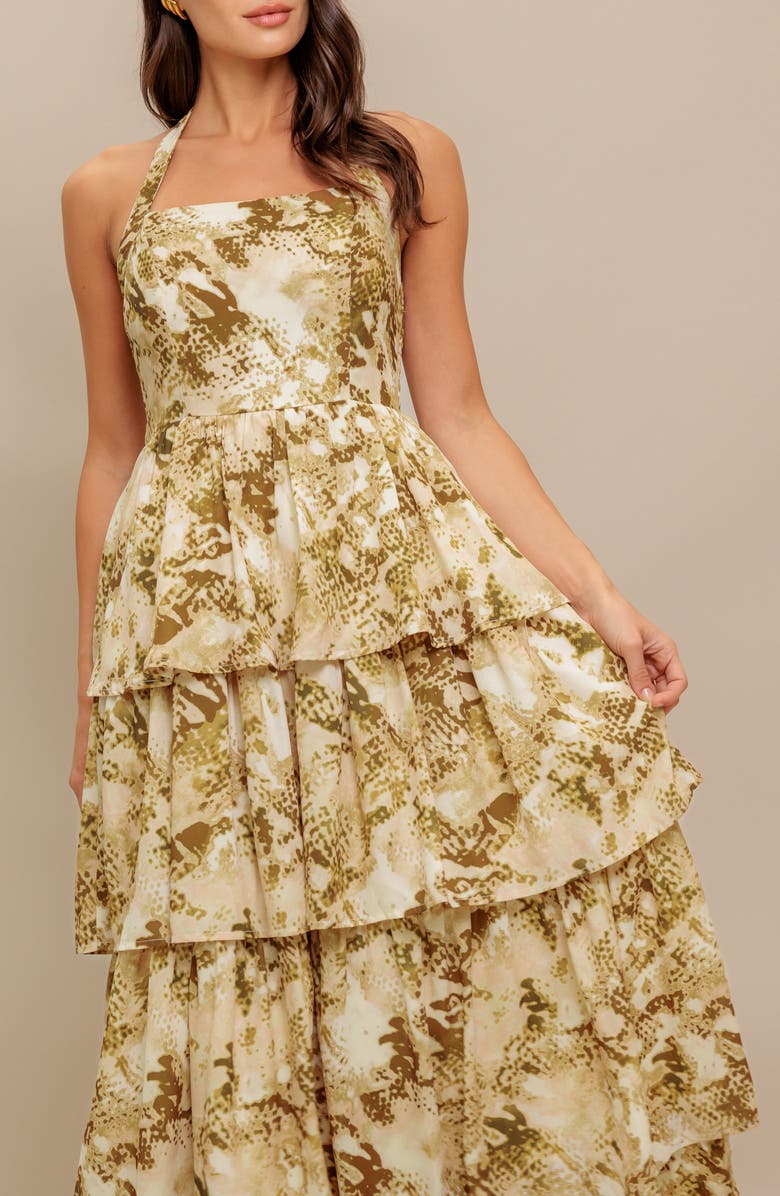 FLYING TOMATO Abstract Print Tiered Maxi Dress, Alternate, color, Taupe