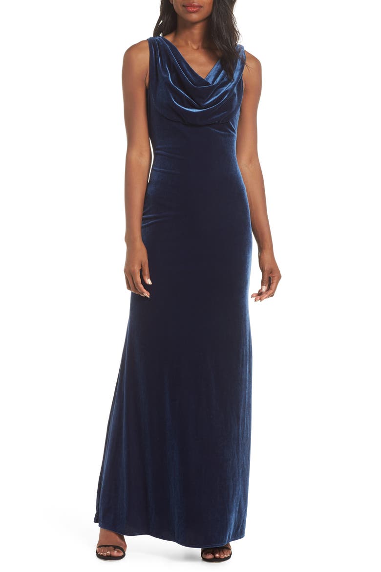 Cowl Neck Velvet Gown, Main, color, BLUE