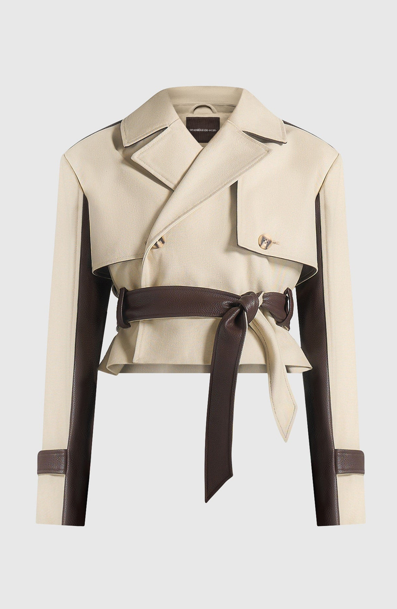 Manière De Voir Lelia Cropped Gabardine Trench Coat With Belt, Main, color, Beige