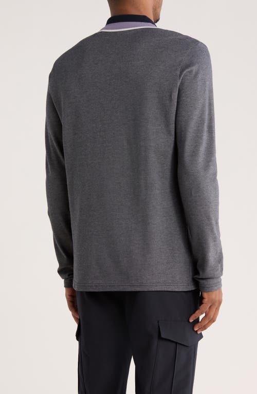 Hugo Boss Boss Stripe Collar Long Sleeve Cotton Piqué Polo In Gray