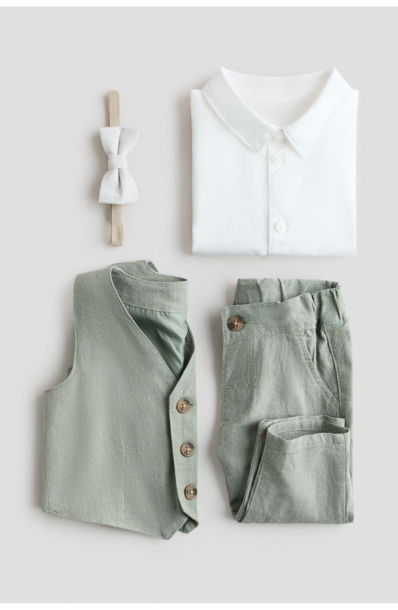 H&M 4-piece Linen-blend Dressy Set, Alternate, color, Light Khaki Green/White