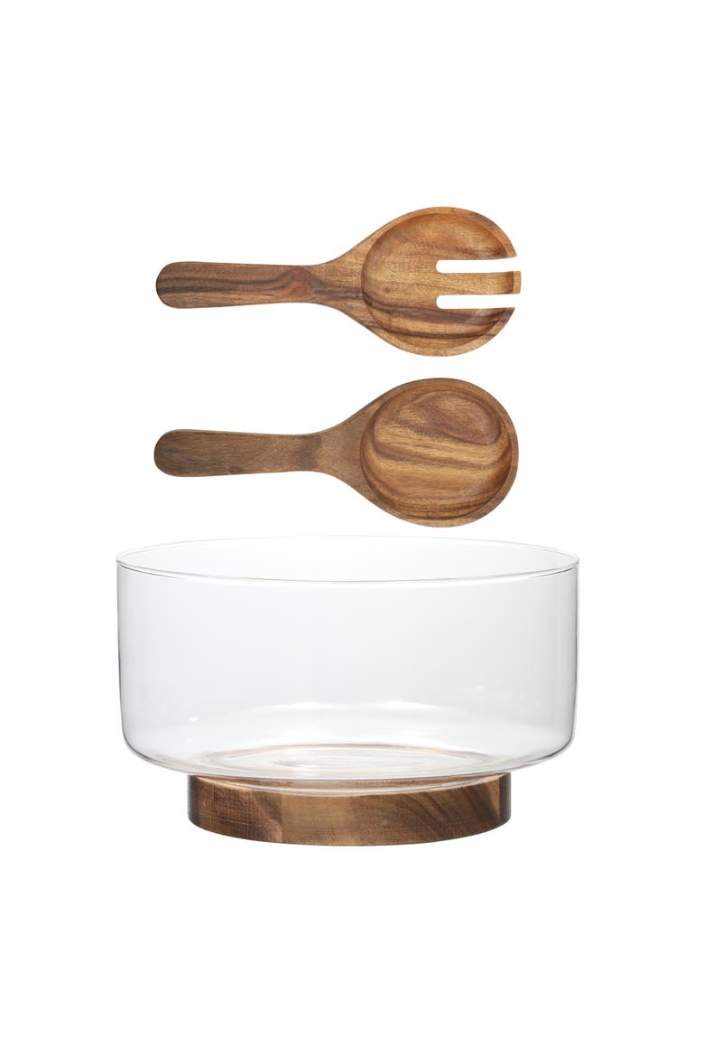 Farm Favorites Glass Salad Bowl Set with Acacia Wood Base and Utensils, Main, color, Clear