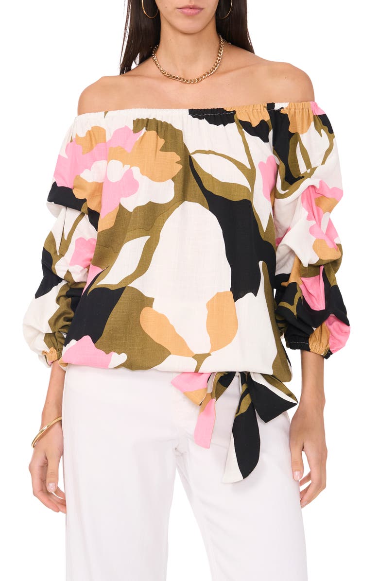 Vince Camuto Abstract Floral Off the Shoulder Bubble Sleeve Top, Main, color, 