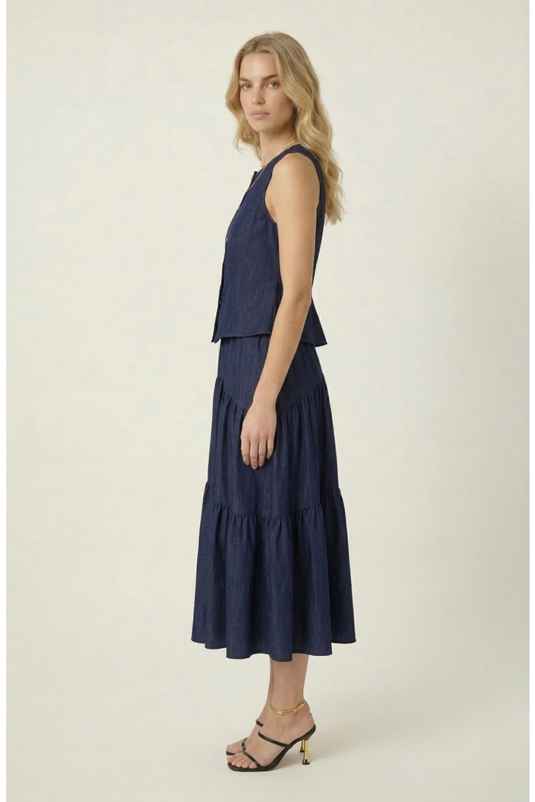 Sleeveless Structured Top and Tiered Midi Skirt Set, Alternate, color, Navy Blue