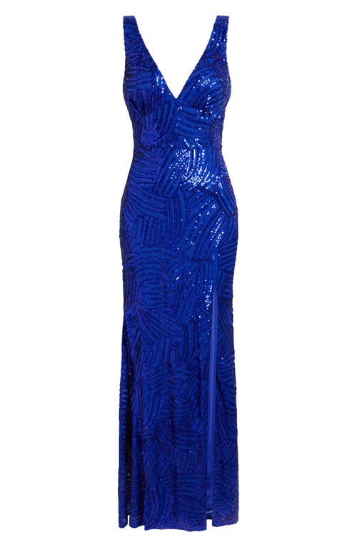 City Studio Royal Sequin Side Slit Gown In Royal Blue