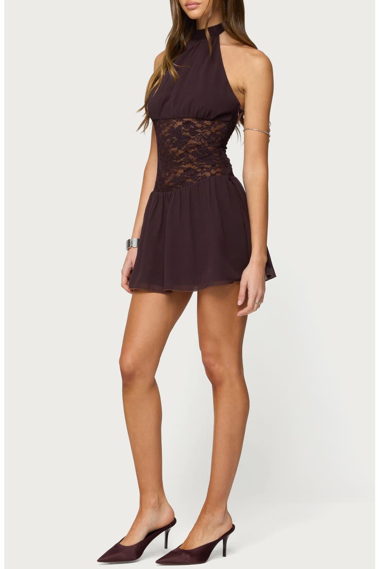 Lizette Sheer Lace Chiffon Halter Minidress, Alternate, color, BROWN