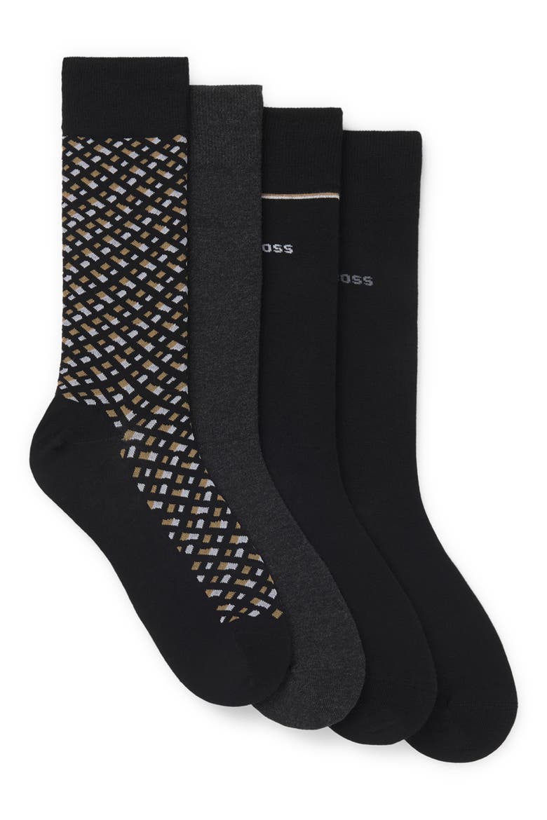 Assorted 4-Pack Monogram & Solid Cotton Blend Dress Socks Gift Box, Main, color, BLACK