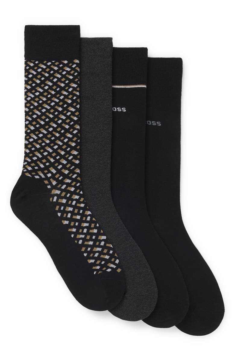 BOSS Assorted 4-Pack Monogram
Solid Cotton Blend Dress Socks Gift Box, Main, color, Black