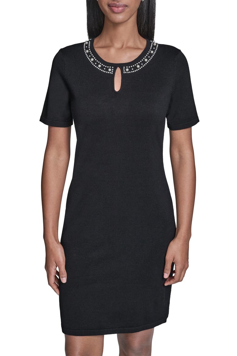 Faux Pearl Detail Sweater Dress, Alternate, color, BLACK