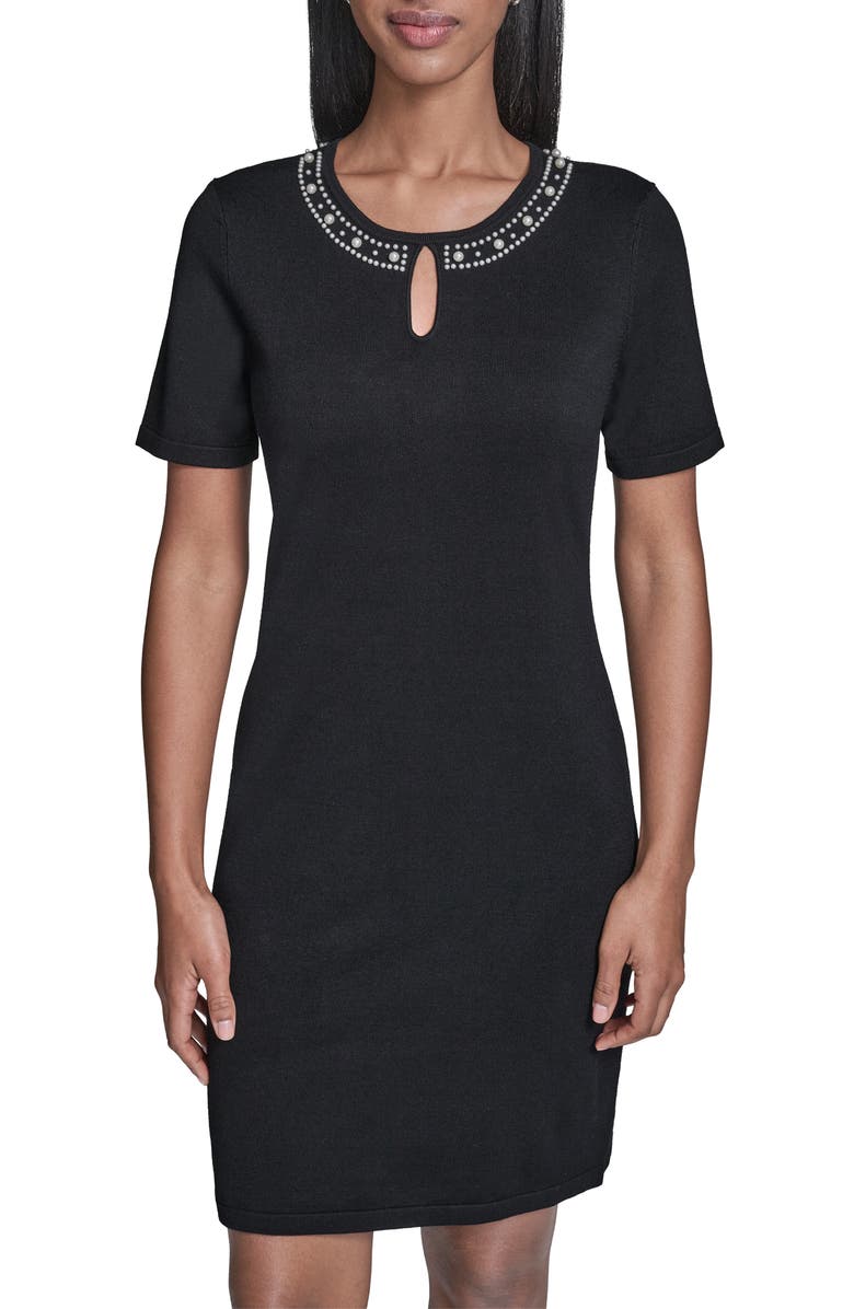 KARL LAGERFELD Faux Pearl Detail Sweater Dress, Alternate, color, 