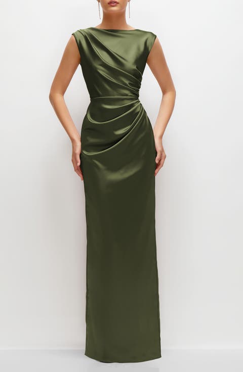 Pleated Cap Sleeve Charmeuse Gown