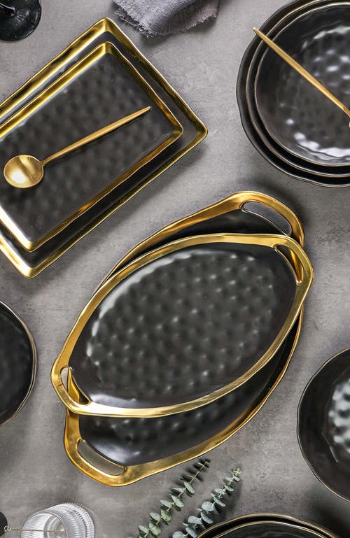 Stone Lain Florian Porcelain 2-piece Serving Rectangular Plate Set In Black