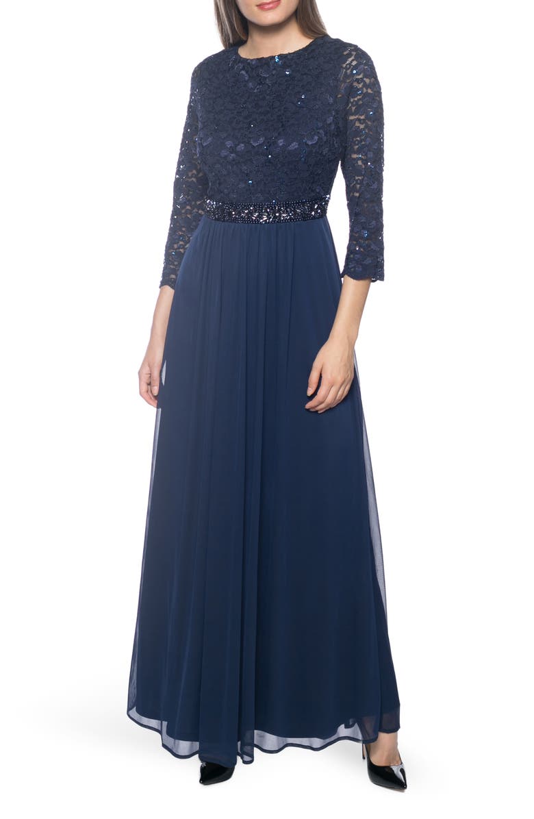 Marina Lace Bead Three-Quarter Sleeve Gown, Main, color,