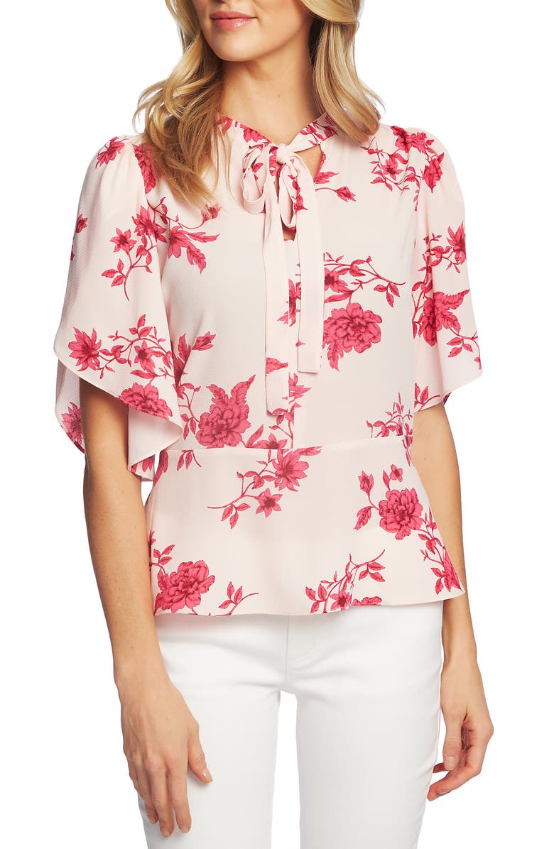 CeCe Etched Floral Tie Neck Blouse, Main, color, Secret Blush