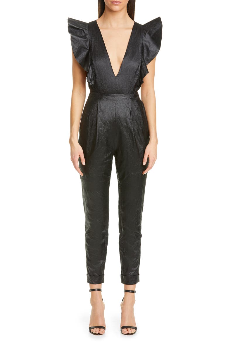 Flounce Laminated Cotton Jumpsuit, Main, color, BLACK