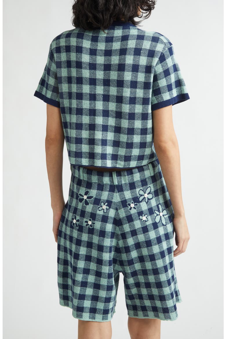 Gingham Flower Cotton & Linen Blend Jacquard Sweater, Alternate, color, MINT/ MIDNIGHT