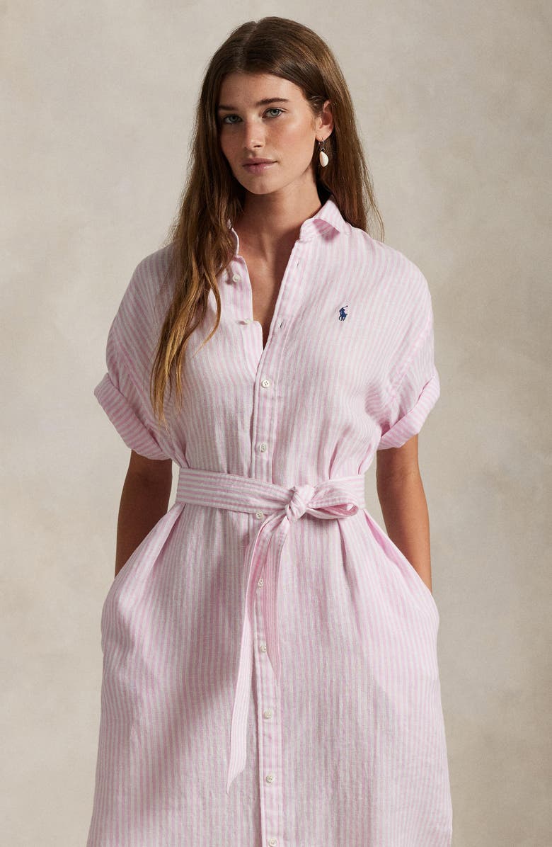 Polo Ralph Lauren Belted Linen Shirtdress, Alternate, color, White/ Pink