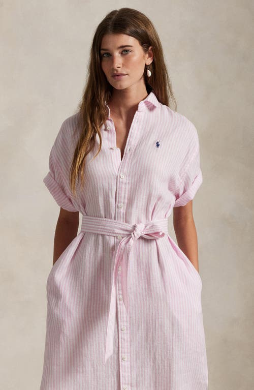 Polo Ralph Lauren Belted Linen Shirtdress In White/pink