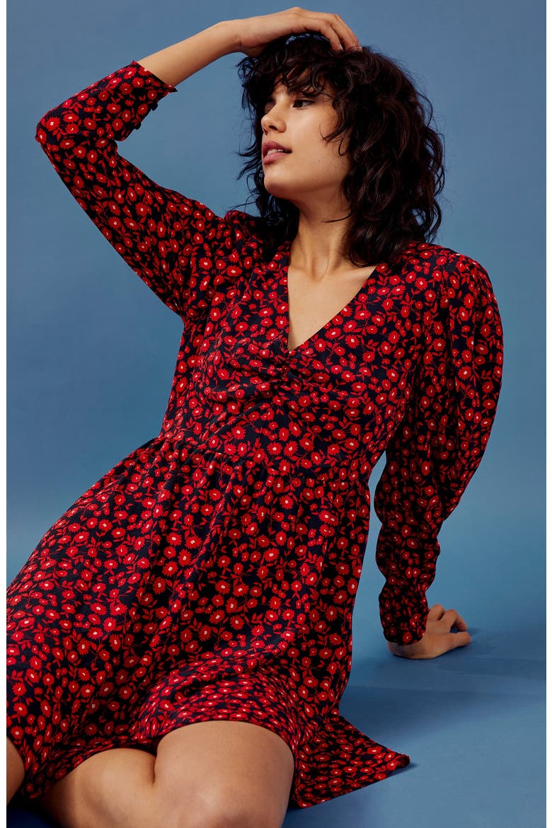 Floral V-Neck Long Sleeve Minidress, Alternate, color, RED MULTI