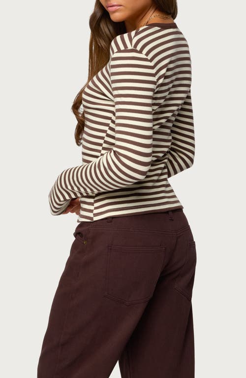 Edikted Roma Stripe Rib Henley Top In Brown