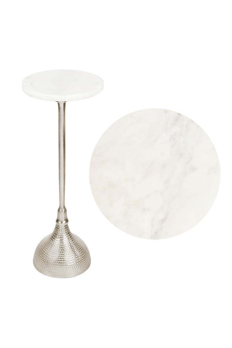 Ava Contemporary Round Marble Top Drink Table, Hammered Metal Pedestal Martini Accent Side Table, Main, color, Nickel