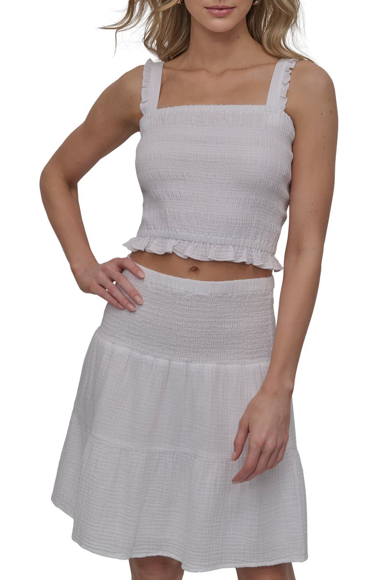 DKNY Jeans Ruffle Strap Smocked Cotton Crop Top, Main, color, White