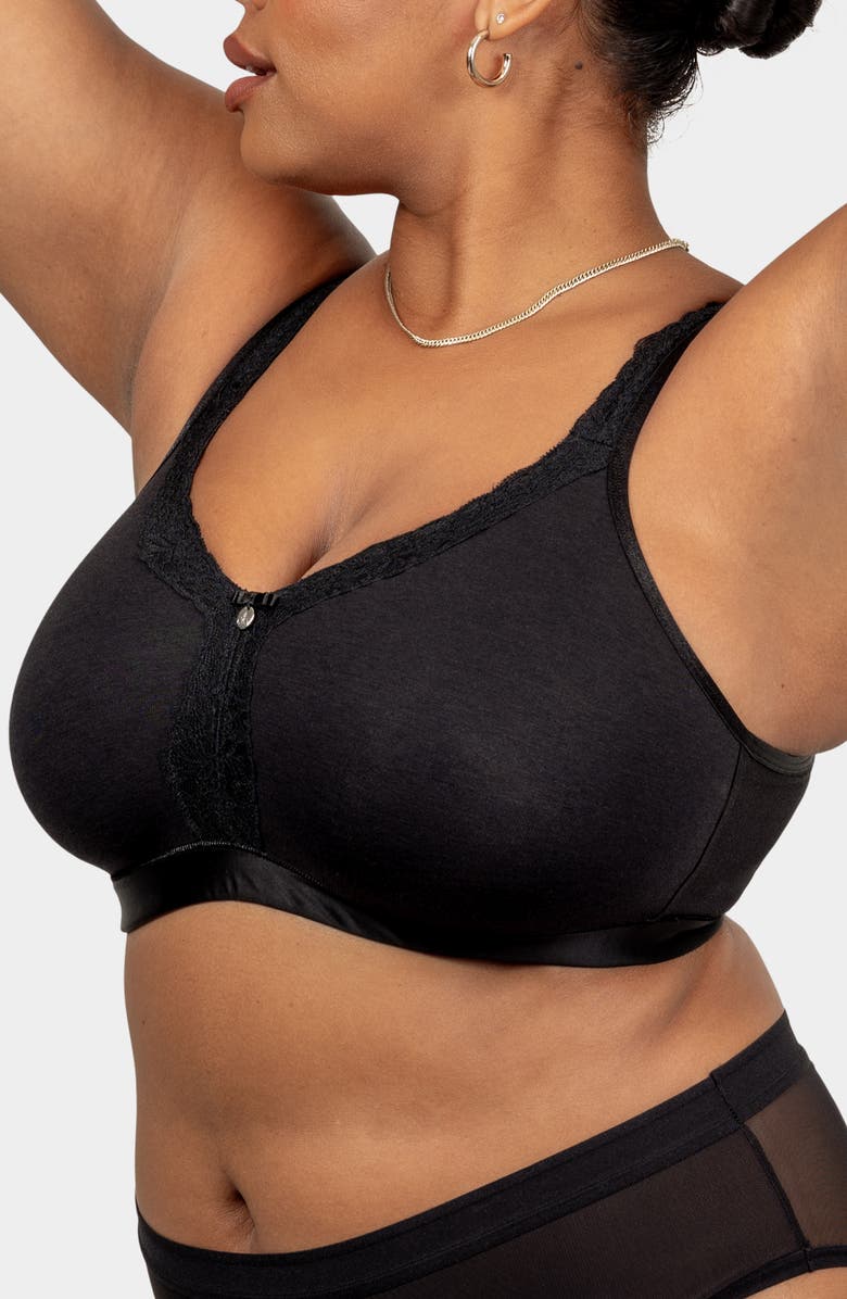 Curvy Couture Lace Trim Wireless Bra, Alternate, color, Black On Black