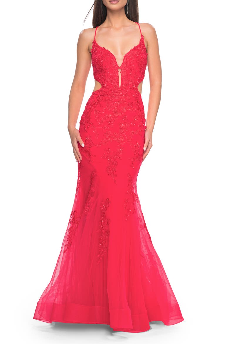 Lace and Tulle Mermaid Gown with Side Cut Outs, Alternate, color, Hot Coral