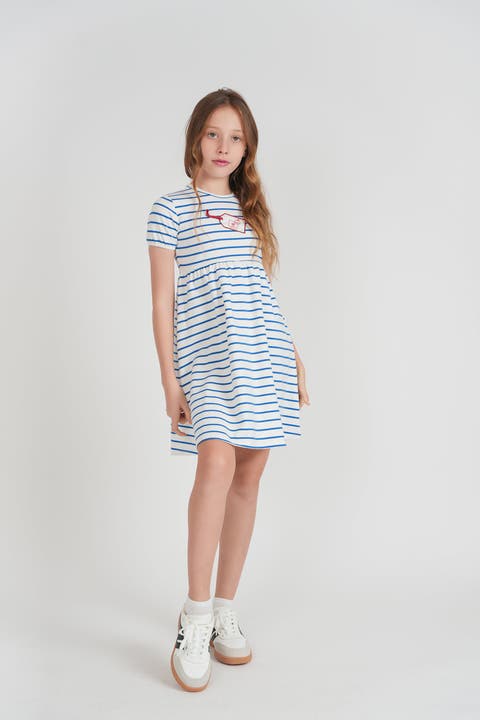 Girls Striped Tag Applique Dress - Cotton-Spandex Knit