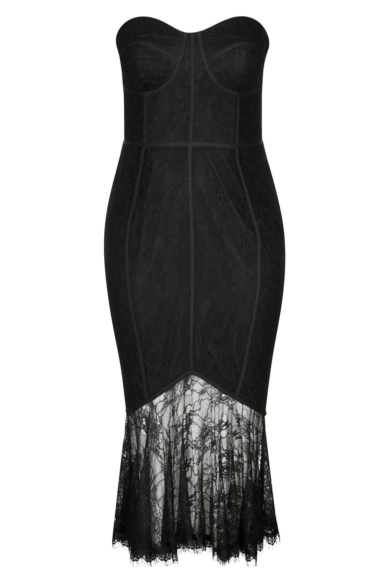 So Seductive Ruffle Hem Lace Body-Con Dress, Alternate, color, BLACK