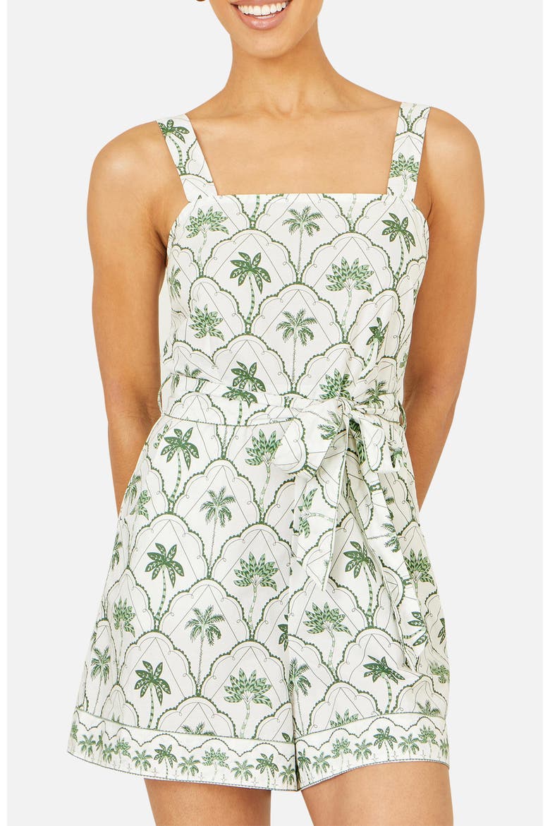 Palm Print Cotton Playsuit, Alternate, color, White