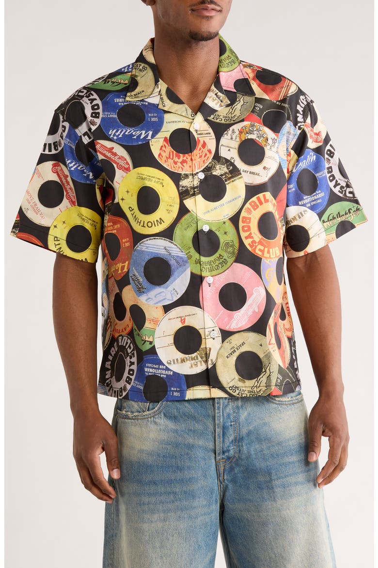 BB Techniques CD Print Cotton Camp Shirt, Main, color, BLACK