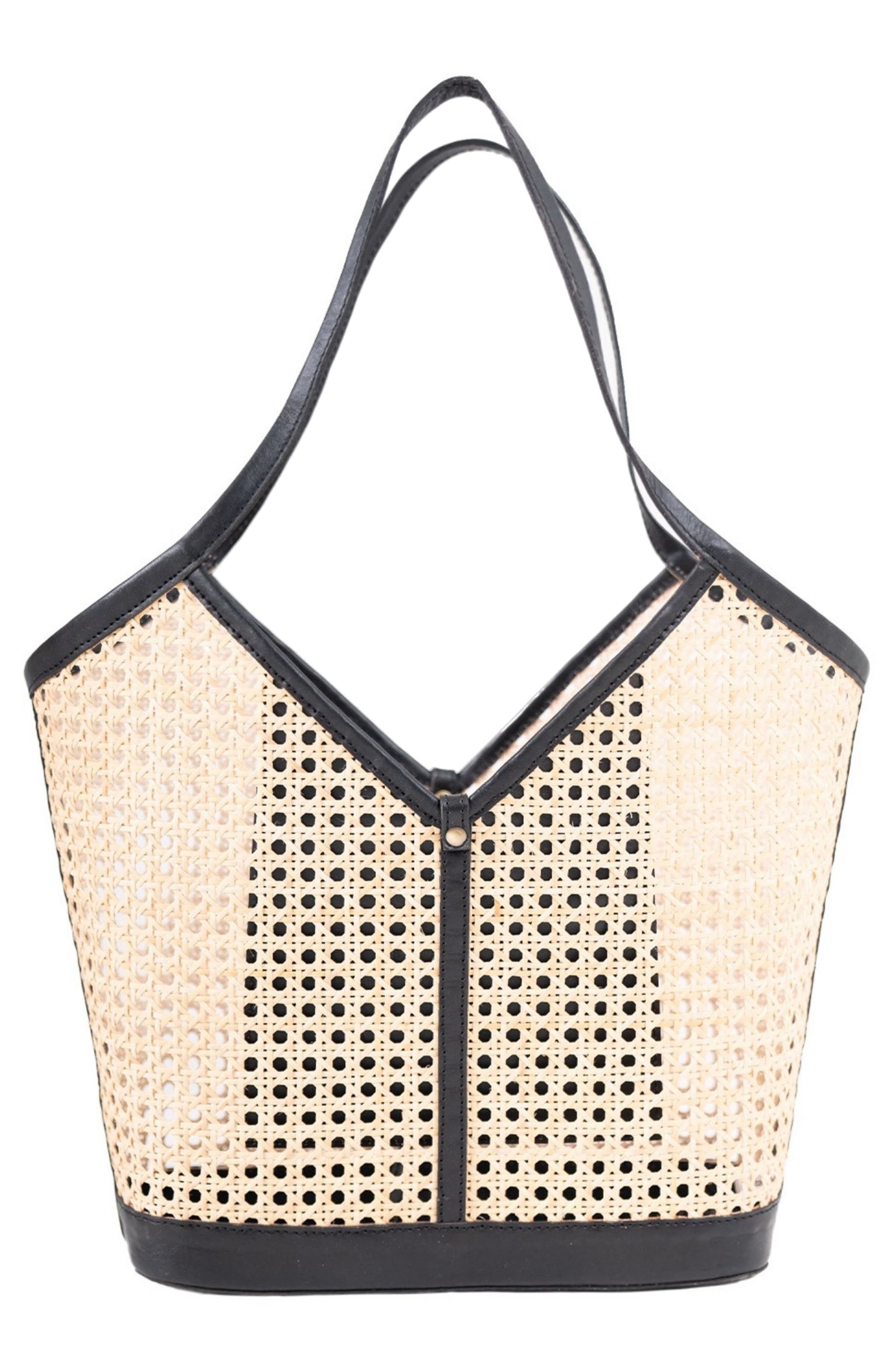 Jelavu Ophelia Handwoven Leather Trim Rattan Tote Bag, Alternate, color, Black