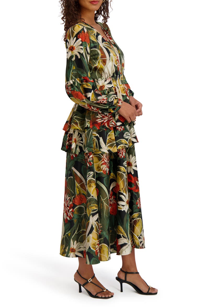 Floral Long Sleeve Tiered Satin Maxi Dress, Alternate, color, BLACK MULTI